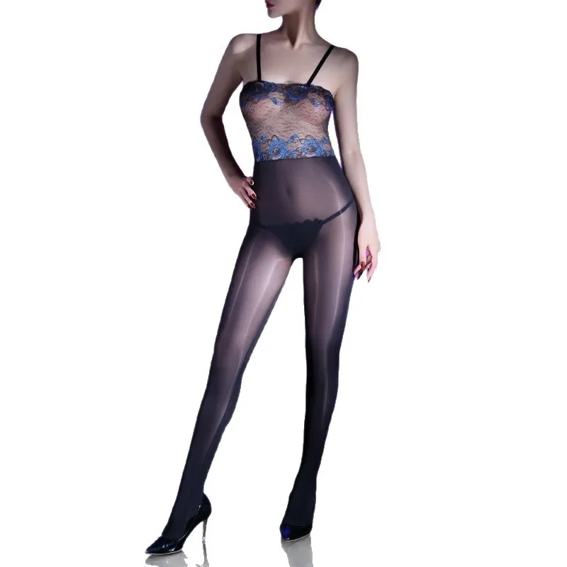Donne Sexy Tubo Top Bretelle Bodystockings Moda Patchwork di pizzo Olio lucido Calze Ultra sottile trasparente con apertura sul cavallo Tuta