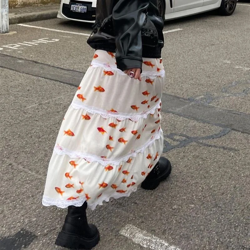 

Women's goldfish pattern printed two-piece set, new suspender, crop top, pleated long skirt set, casual beach vacation