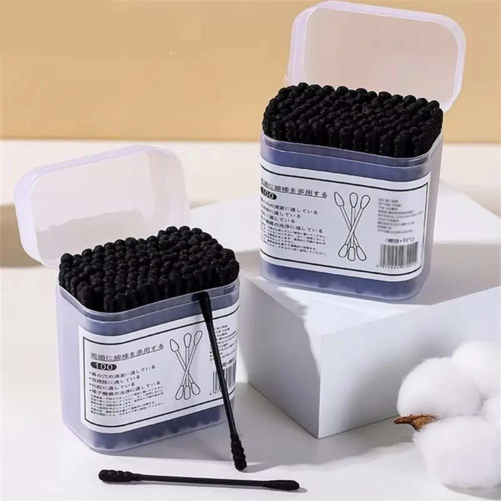 100 قطعة مسحات قطنية سوداء جديدة للاستعمال مرة واحدة برأسين تنظيف ناعم برعم قطني شكل حلزوني منظف أذن عالمي #3