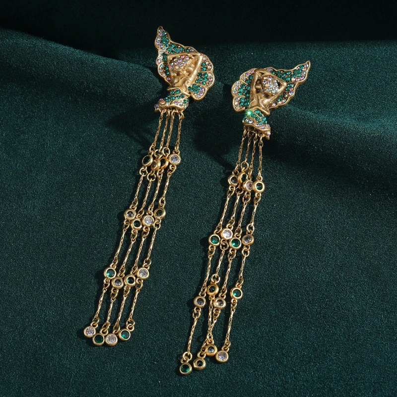 

Vintage Green Long Tassel Earring Rhinestone Conch Natural Stone Gold Color Quality Luxury Designer Jewelry High Party 2025