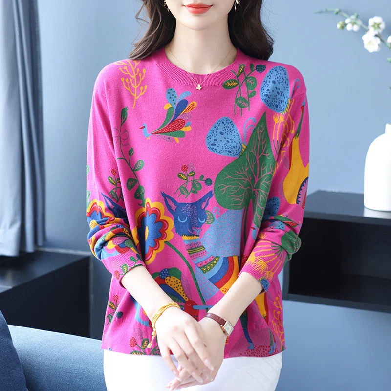 

Print Women's Sweaters Spring Autumn Fashion Pullovers Long Sleeve Top Blusas Femme O Neck Thin Knitted Sweater