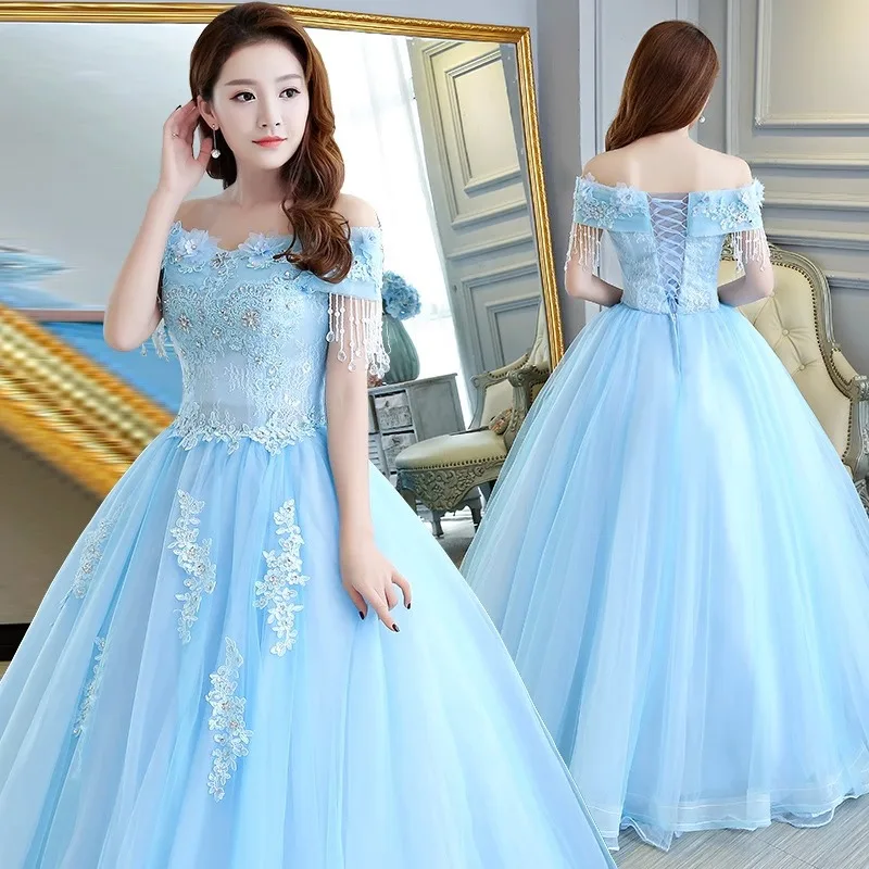 

Luxury Quinceanera Dresses Classic Ball Gown Appliques Tassel Tulle Off Shoulder Prom Party Graduation Gowns Vestidos De Festa