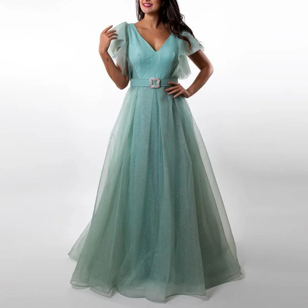 

Customized Glitter A Line Prom Dresses with Belt V Neck Ruffles Sleeveless Evening Party Gown Puffy Tulle vestidos de fiesta