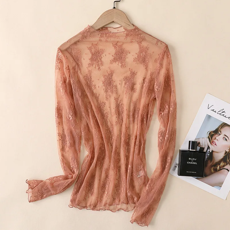 

Autumn/Winter Women's Lace Mesh Top Long-Sleeved Half-High Neck with Hollow Chiffon Design Stylish and Sexy Blouse