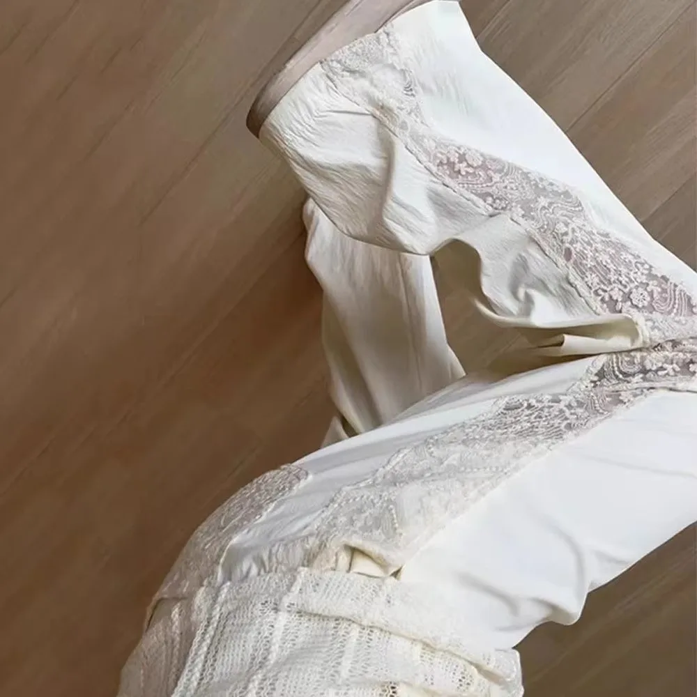 Summer Hollow Lace Casual Pants High Waist Solid Color Wide Leg Pants Breathable Loose Fit Straight Pants