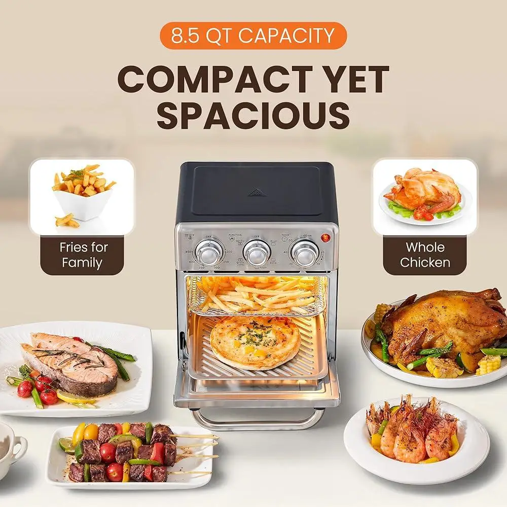 مقلاة هوائية 8.5 كيو تي، فرن حراري، خبز نخب شواء، طهي متعدد الوظائف، طاقة عالية مع إيقاف تلقائي وإعدادين للرف