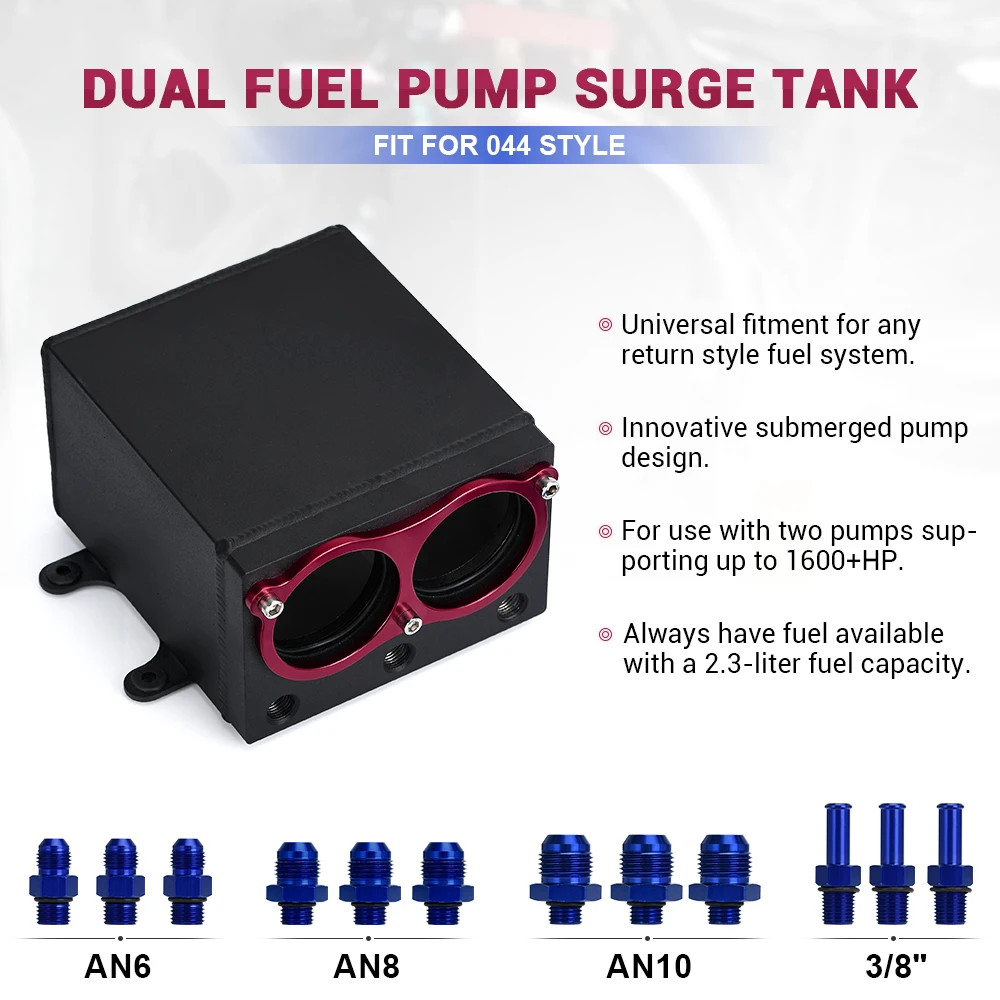 LIZHI - 60mm Dual External 044 Fuel Pump Tank Racing Black Billet Aluminium Oil catch Can Dual Port Fuel Surge Tank