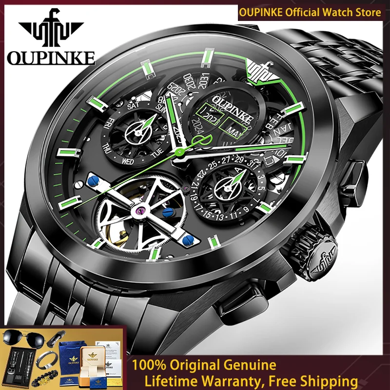 

Мужские автоматические механические часы OUPINKE класса люкс, модные, многофункциональные, с полым циферблатом и маховиком, черные, стильные, Reloj 3235