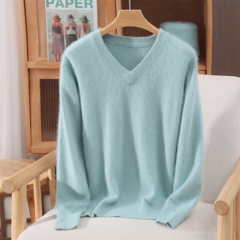 

V-Neck Women's Autumn Winter Long Sleeves Pullover 100% Mink Cashmere Sweater Soft Warm Solid Casual Loose Clothing Tops