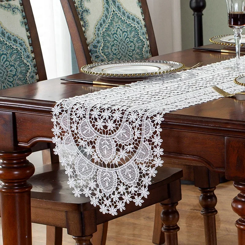 

White Table Runner Linen Cotton Hollow Table Flag Flower American Embroidery Lace Table Cloth TV Cabinet Piano Cover dust Towel