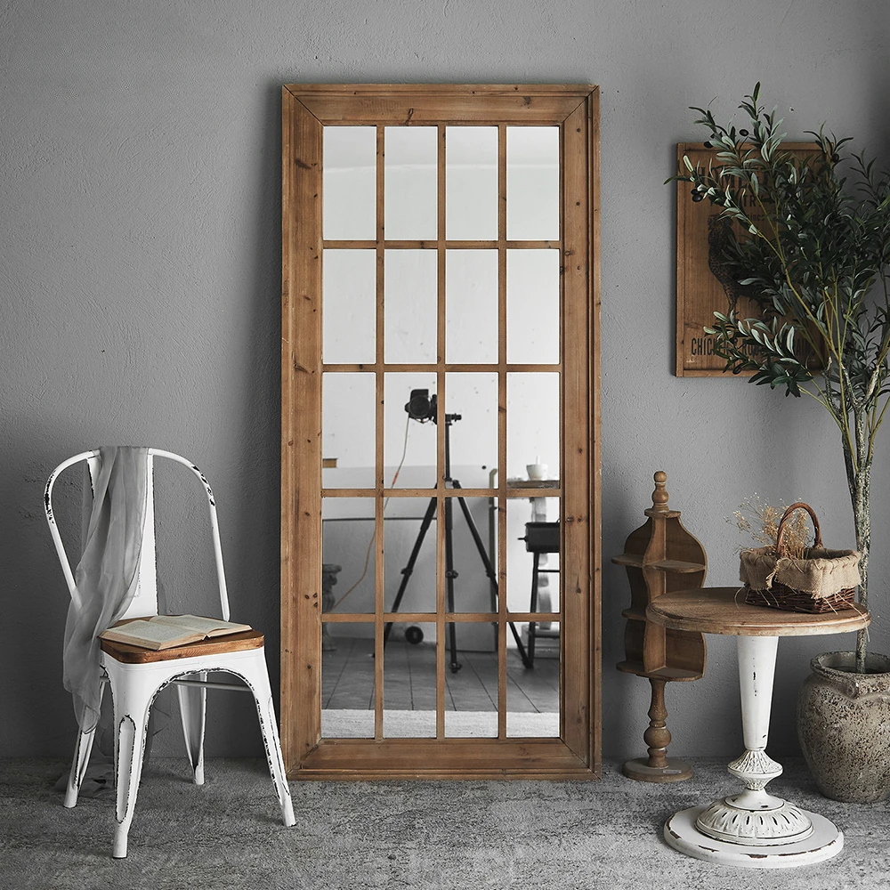 Rustic Style Decoration Large Frame Rectangular Floor Mirror Wood Window Wall Hanging Mirror Decorative Mirror