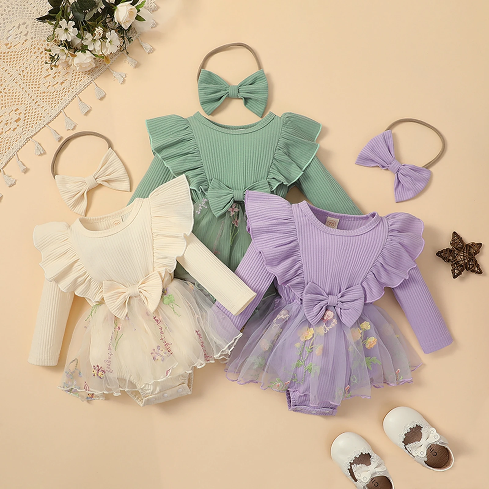 EWODOS Newborn Bodysuits Infant Baby Girls Bodysuit Dress Rib Knit Butterfly Flower Embroidery Skirt Hem Jumpsuits + Headbands