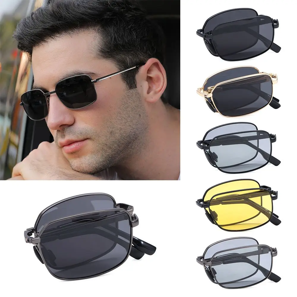 

Portable Folding Polarized Sunglasses for Men, Square Metal Frame Photochromic Sunglasses Driving Glasses Night Vision Eyewear