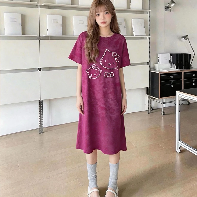 

2026 Sanrio Summer Cute T-Shirt Dress Cartoon Hello Kitty Hot Girls Long Dress Anime Kawaii Female Loose Long Skirt Large Size