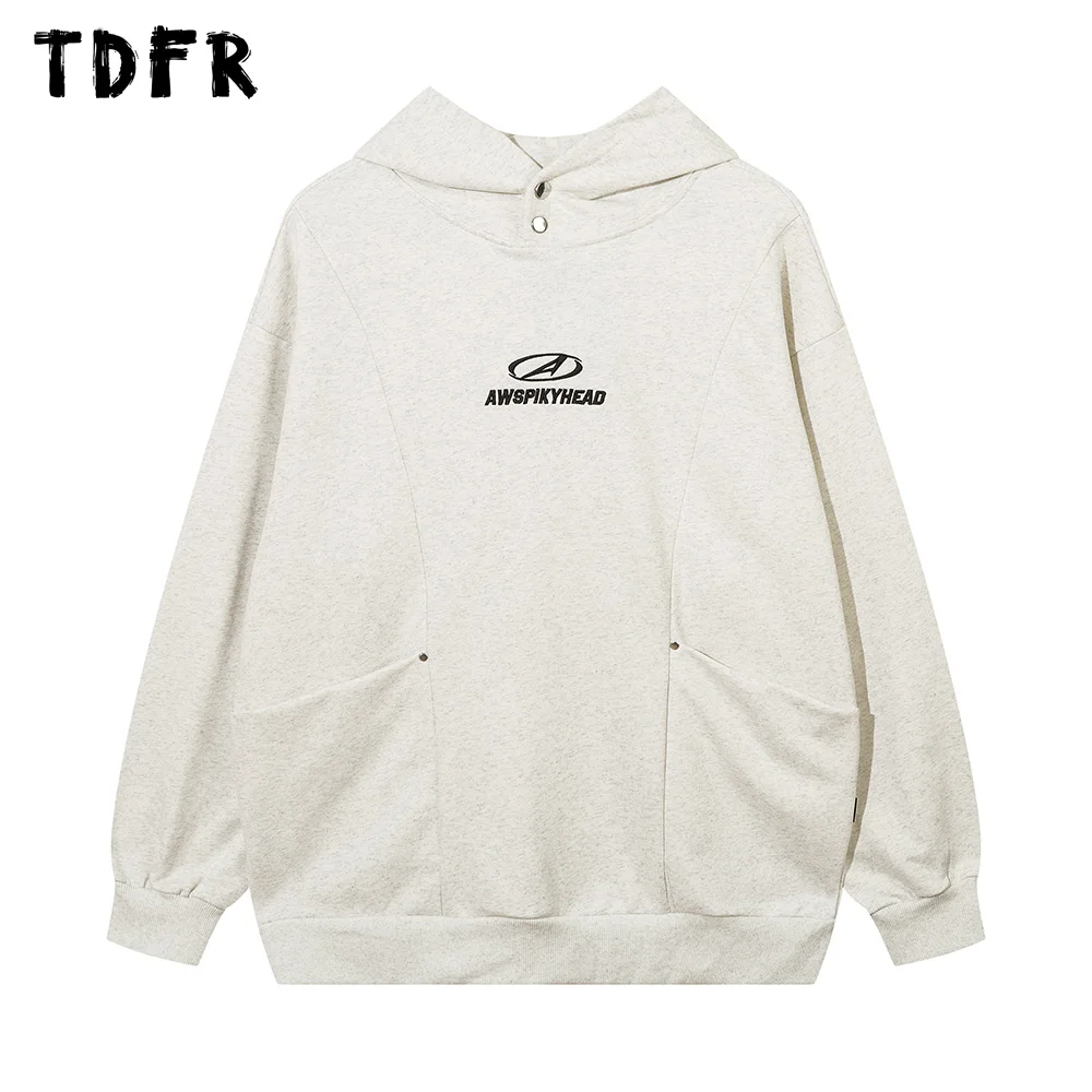 Letter Embroidery Hooded Sweatshirts Mens Spliced Pocket Autumn High Street Loose Drop Shoulder Long Sleeve Hoodies Men