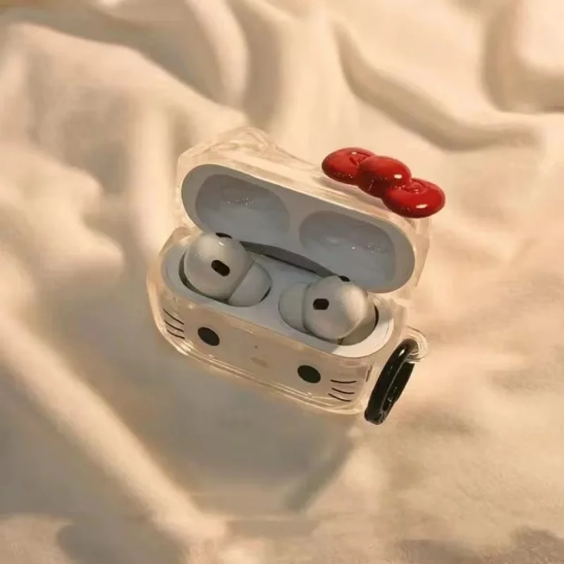 Miniso ثلاثية الأبعاد القوس الكرتون KT القط غطاء سماعة الأذن ل AirPods Pro2 Pro 4 3 2 1 غطاء سماعة شفافة