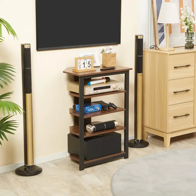 Corner TV Stand with Storage Shelves and Steel Frame, Audio Media Storage for Living Room, Brown Finish