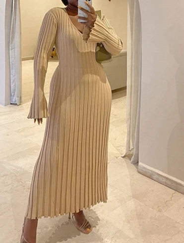 Women's Elegant Dress 2024 Autumn Winter Latest Waist Cinched V-Neck Large Pit Stripe Sliding Knit Maxi Dress Loose Long Skirt