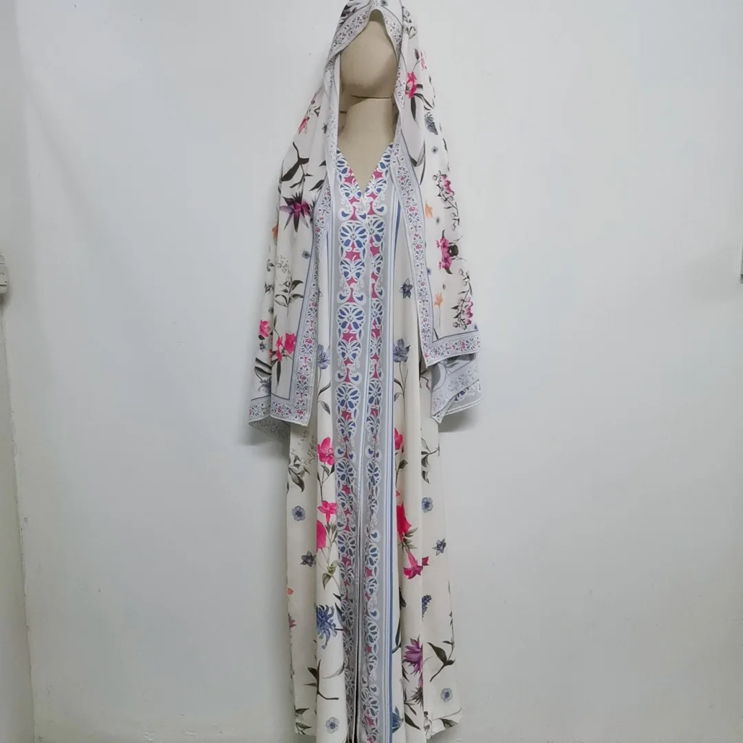 New Arrival Women's Dress Open Abaya Hijab Set Muslim Dress with Hijab Scarf Shawl Floral Islamic Clothing for Eid Daily Wearing