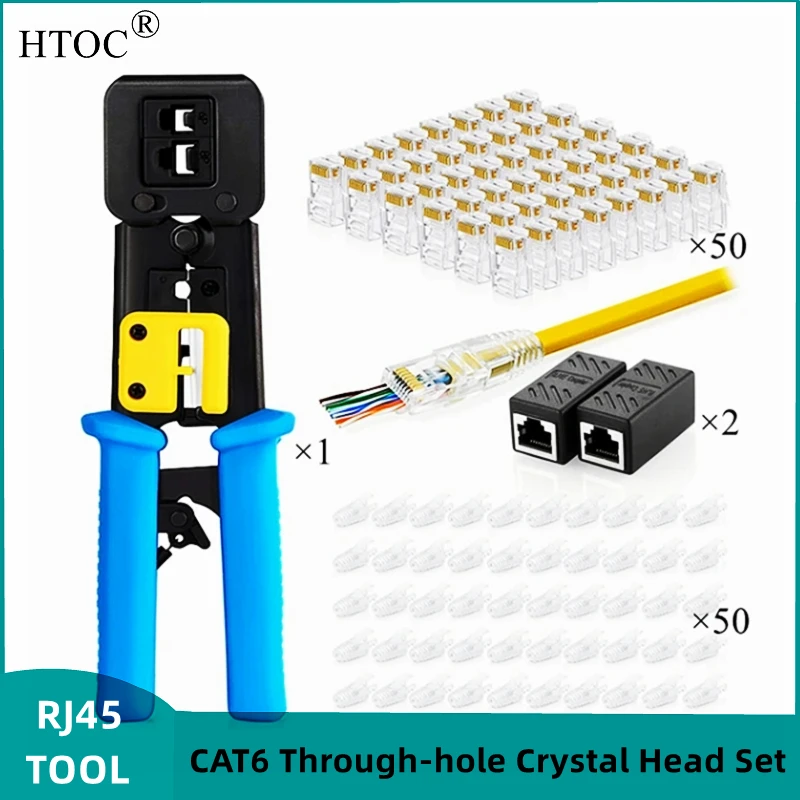 

HTOC RJ45 Crimp Tool Kit For Pass Through Connector End With 50 Cat6 Pass Through Connectors 50 Clear Cable Strain Relief Boots