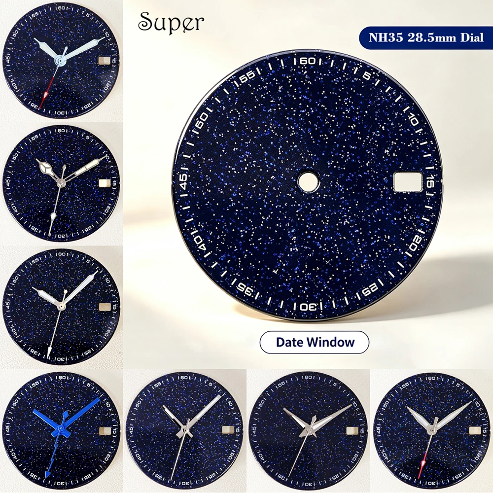 28.5mm NH35 Blue Starry Sky Dial No Logo Suitable For NH35 NH36 Automatic Movement Customizable Logo DIY Watch Mod Parts