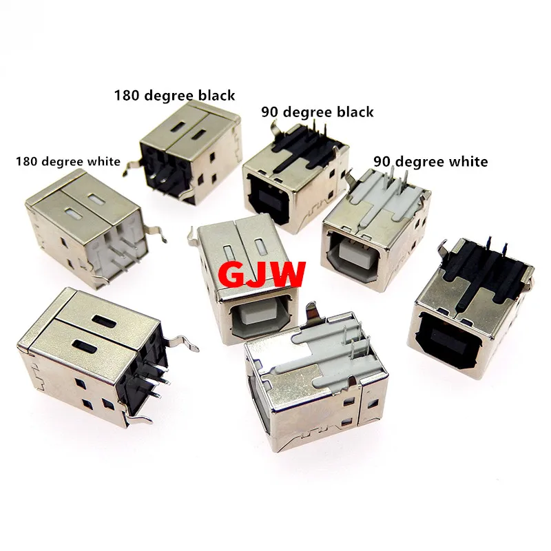 5PC USB 2.0 Connector Socket Jack Female Type B 90/180 Degree Connector Soldering PCB Connector D Printer Interface White/Black