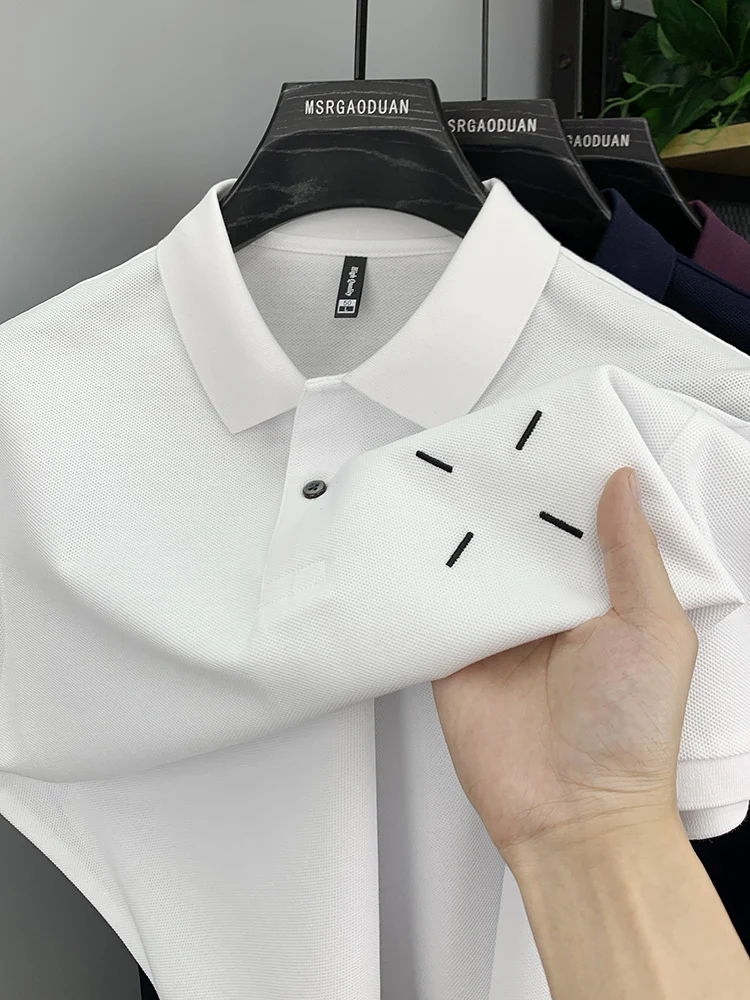 Solid color 100% cotton embroidered men's polo shirt short sleeved high-end casual business breathable trend designer T-shirt