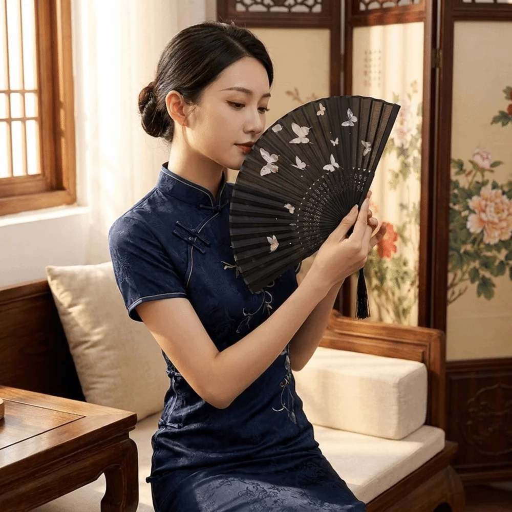 Ancient Style Ink Dan Qing Folding Fan New Chinese Butterfly Pattern Hand Cranked Fan Portable with Tassels Handheld Fan