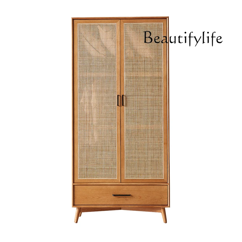 

Nordic Solid Wood Small Apartment Japanese Bedroom Double Door Rattan Wardrobe Retro Storage Wardrobe