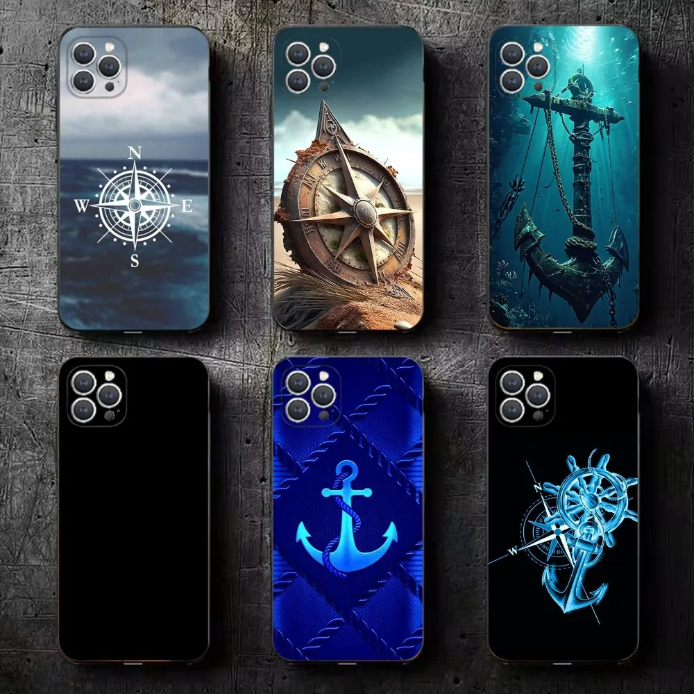 Compass sailor Phone Case For iPhone 16,15,14,13,12,11,Plus,Pro Max,XS,X,XR,SE,Mini,8,7 Soft Silicone Black Cover