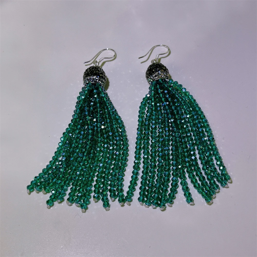 Hot 925 Silver Hook Rice Crystal Beads Long Tassel Earrings Handmade Beaded Grey Rhinestone Drop Earring for Women Quartz Stone