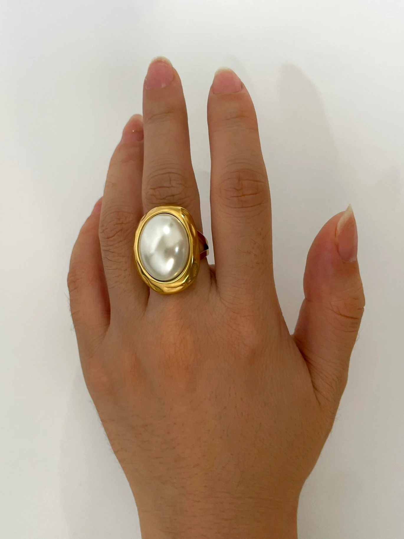 Peri'sbox Classic Fashion Imitation Pearl Oval Open Rings For Women Stainless Steel Gold Plated Wedding Party Ring Jewelry Gifts