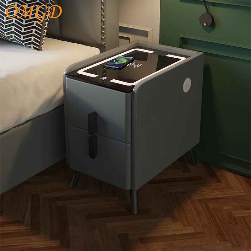 OMGD Upholstered Smart Nightstand Modern Minimalist Narrow Bedside Cabinet With Lights Wireless Charging Tri-Colour Lights