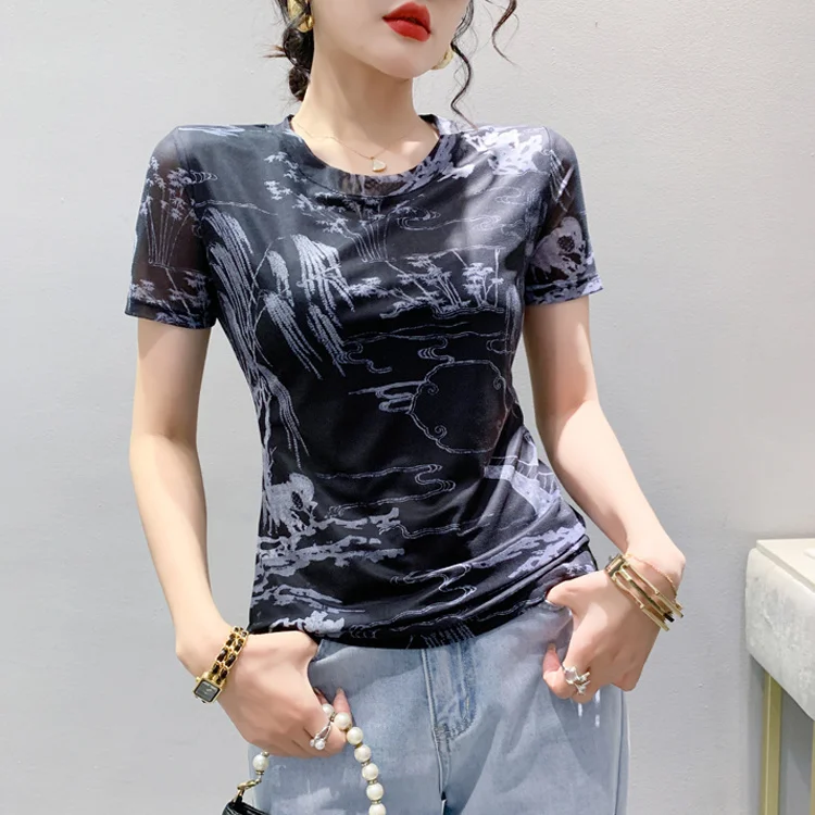 #5491 Black Green Yellow T Shirt Women Short Sleeve Summer Mesh Printed T Shirt Female Elastic Mesh T-Shirt Vintage Slim Summer