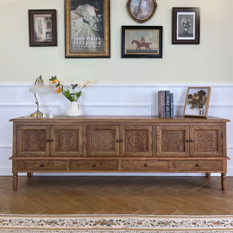 Rural solid wood carved TV cabinet combination, retro pastoral oak living room storage, homestay long floor