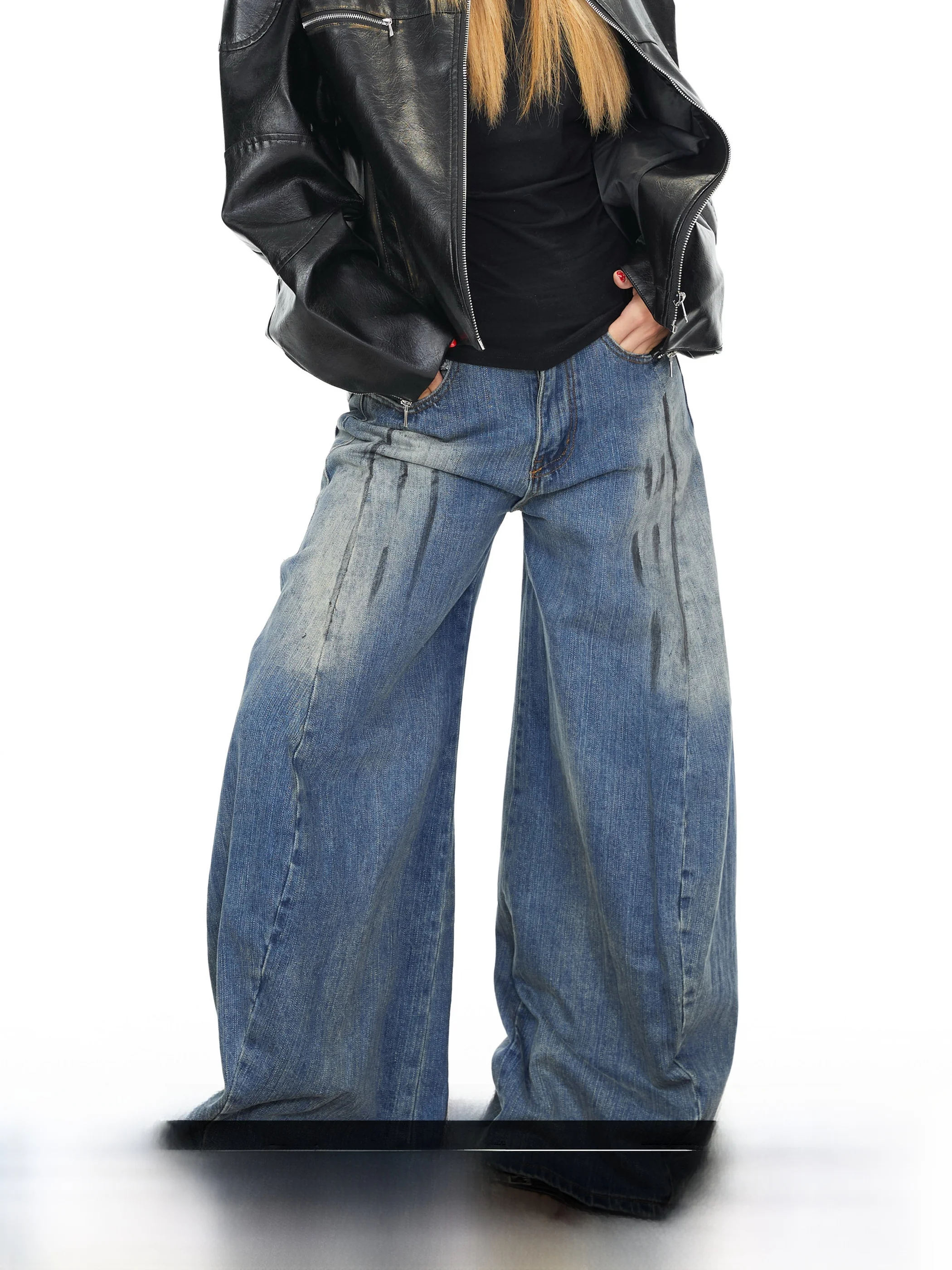 

Blackbb Washed Denim Wide Leg Pants Women's Autumn American Retro Loose Slimming Floor-Length Knife Trousers