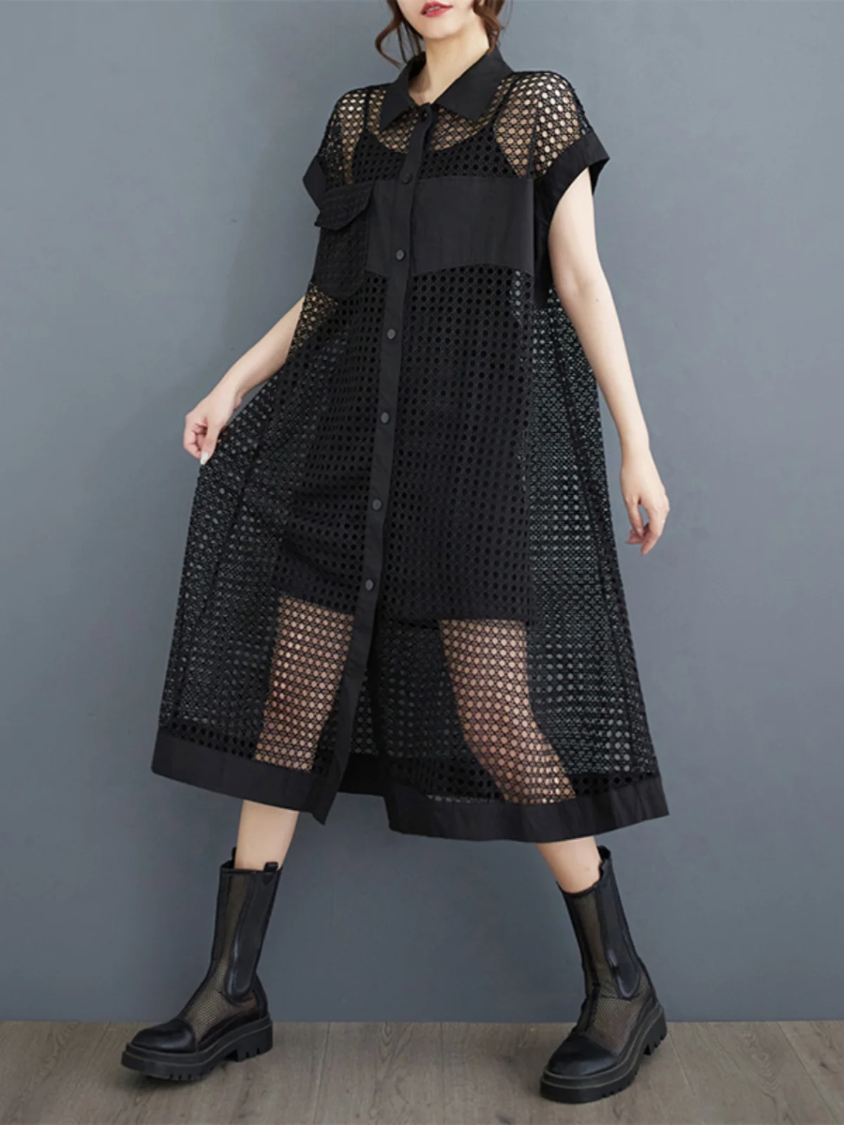 여름 신상 작은 디자인 메쉬 셔츠 드레스 여성 패션 원피스 홀로우 아웃 드레스 출근 스타일 루즈 웨이스트 거들