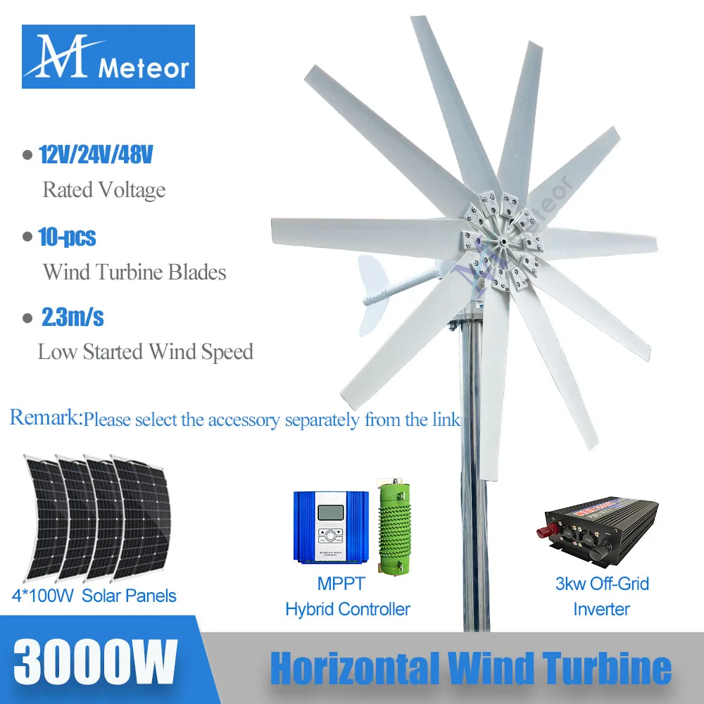 Meteor 3000W Factory Outlet New Energy Horizontal Wind Turbine Generator 12V 24V 48V 10 Blades Windmill Use For Free Energy Sys