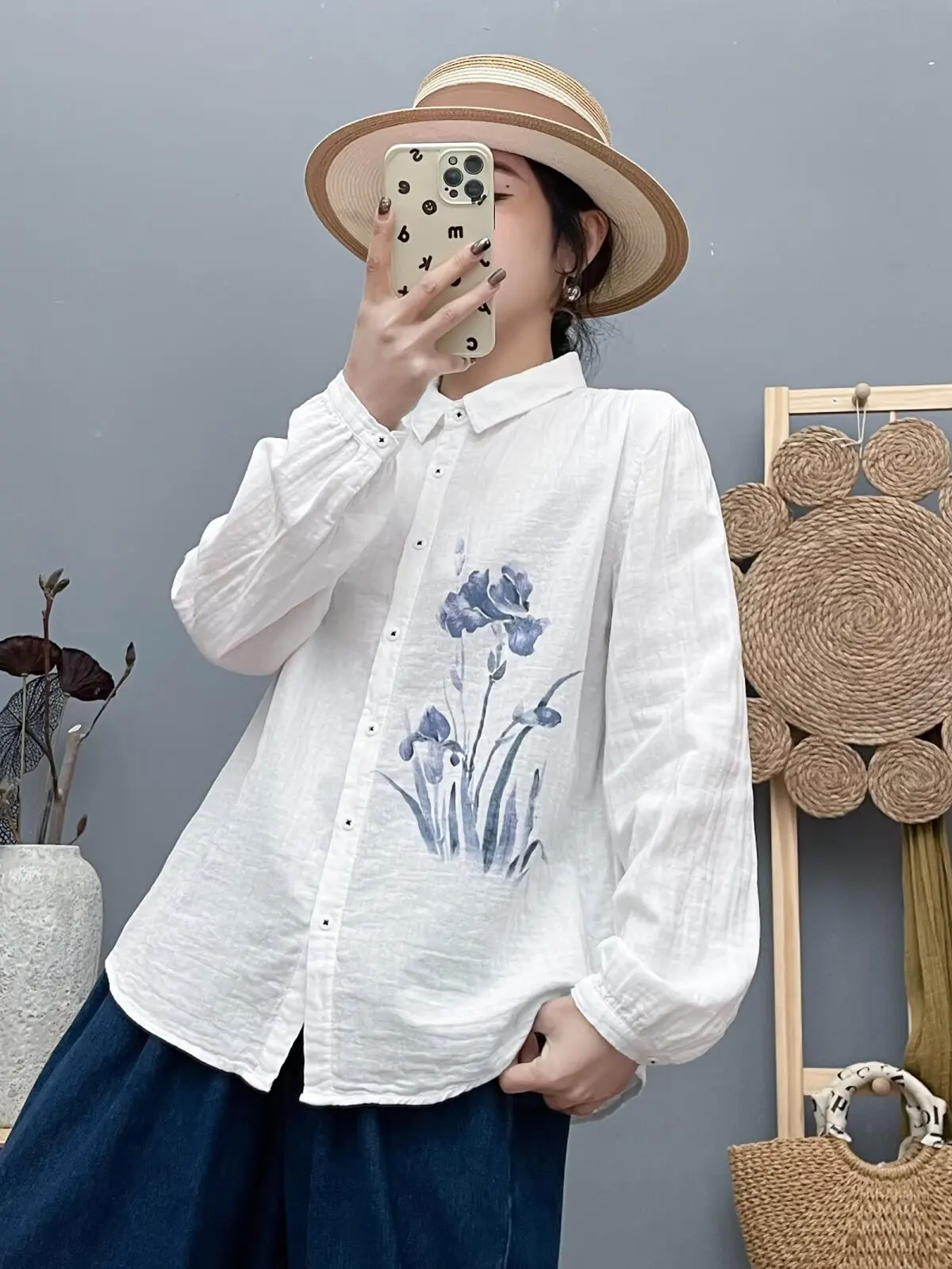 

Новинка 2025, осенняя рубашка с длинными рукавами из хлопковой пряжи, женская рубашка с отложным воротником и принтом, мягкая свободная блузка в стиле ретро Mori Girl T5O418CC