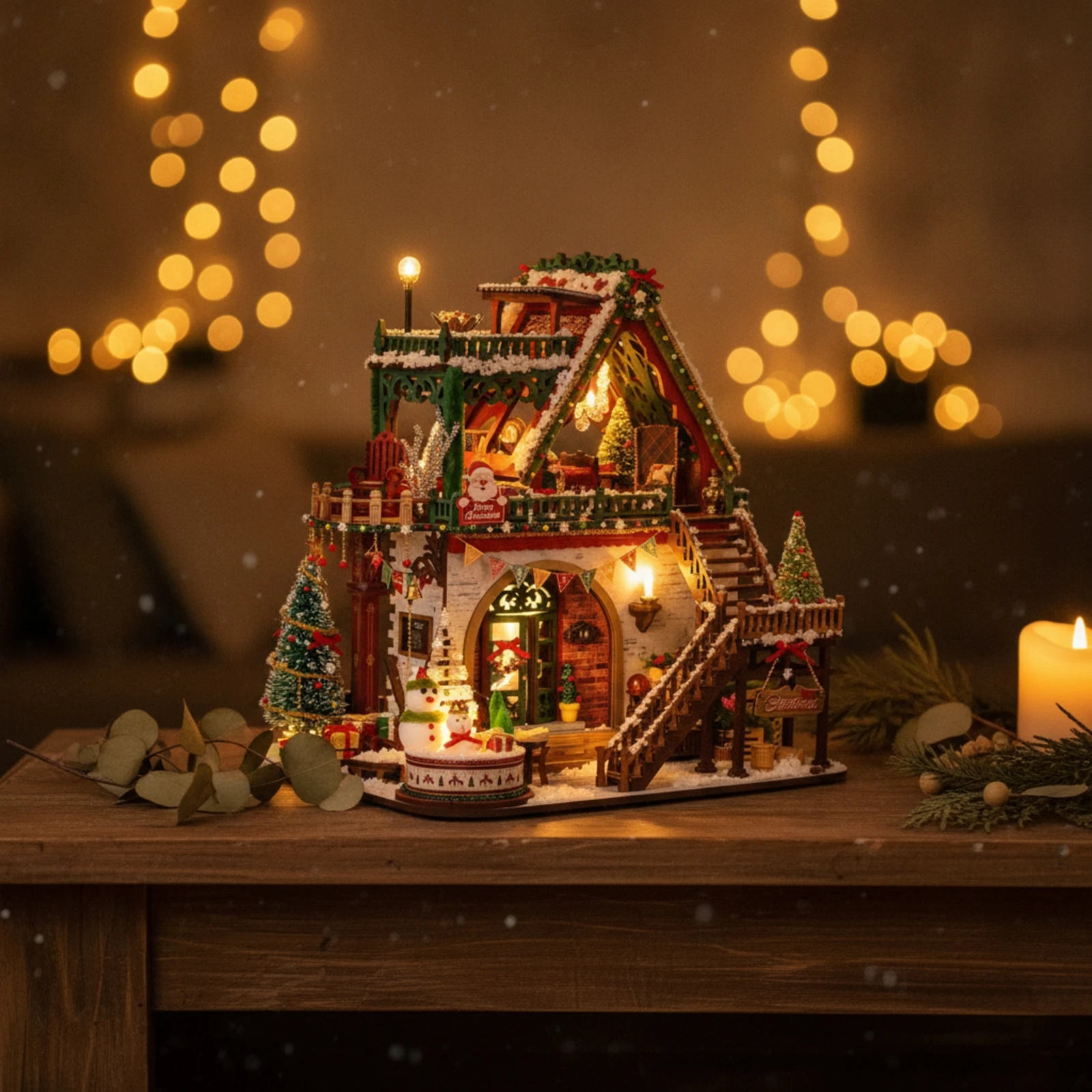 DIY Miniature House Illuminated Wooden Miniature House Christmas Tabletop Ornament Decorative Decoration Detailed