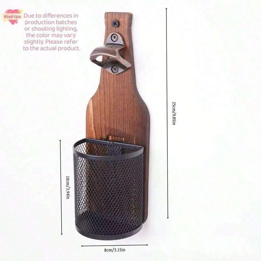 Wandmontierter Holz-Flaschenöffner mit Netz-Kappenfänger, Rustikaler Flaschenöffner für Hausbar, Küche & Outdoor-Nutzung, Ideales Geschenk – Detail 2