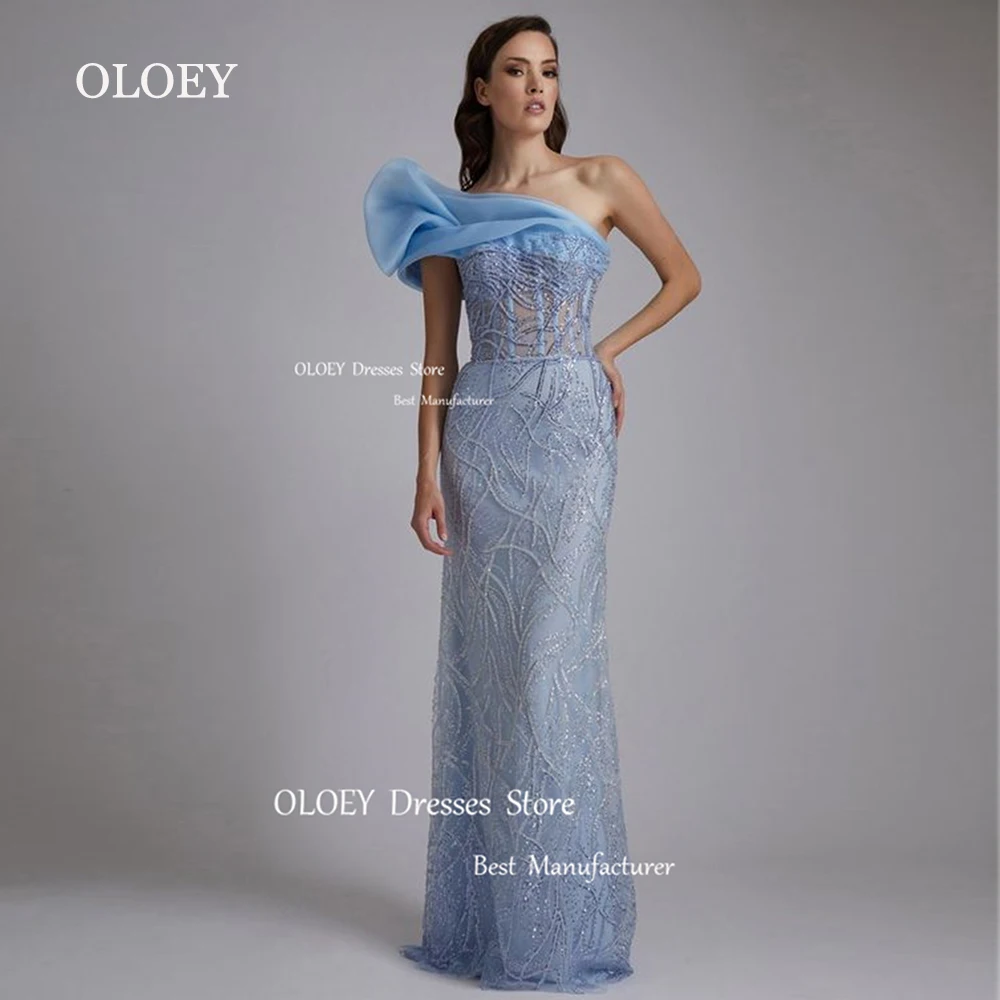 OLOEY Exquisite Beading Tulle Prom Evening Dresses Mermaid One Shoulder Floor Length Wedding Party Dress Arabic Performal Dress