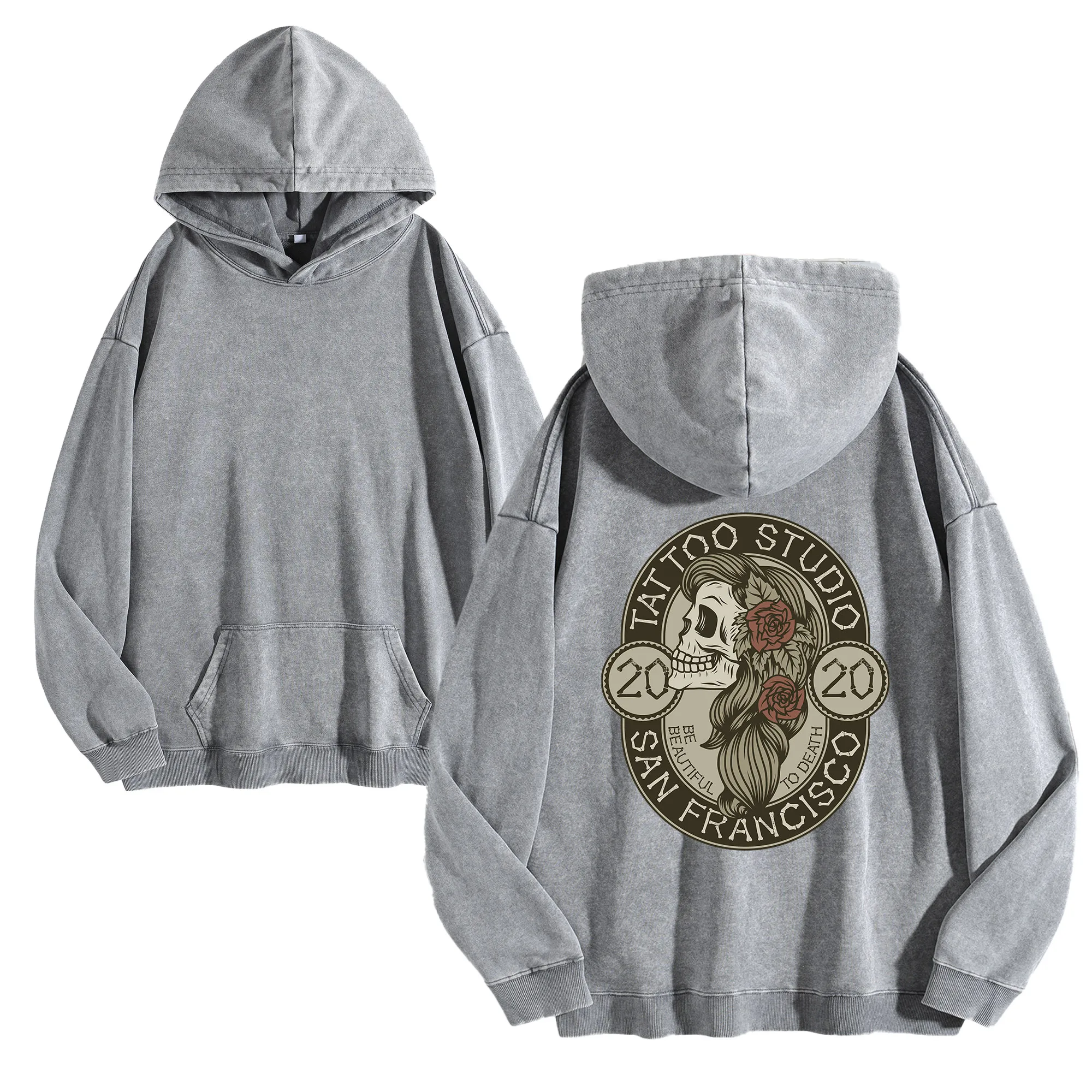 سان فرانسيسكو طباعة الظهر 400GSM خمر غسلها هوديي للجنسين المتضخم الشارع الشهير البلوز مجموعة الخريف/الشتاء