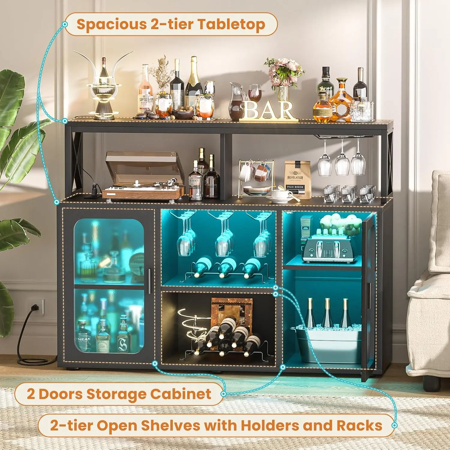 Bar Cabinet with Power Outlets LED Lights Glass Holder Wine Racks Storage Buffet for Home Kitchen Black, Customized