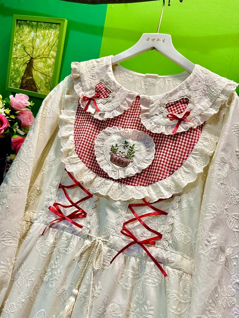 Women Vintage Butterfly Lace-up Plaid Patchwork Spring Long Dress Mori Girl Sweet Kawaii Cute Ruffled Japanese Lolita Midi Dress