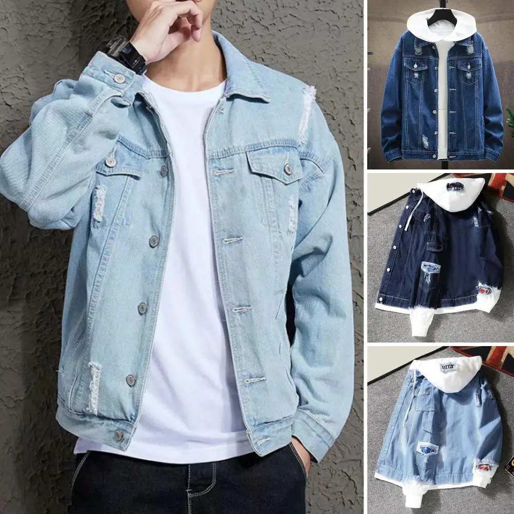 Hooded Denim Jacket Men's Hooded Spring Coat with Color Matching Single-breasted Design Ripped Patch Pocket Casual for Men