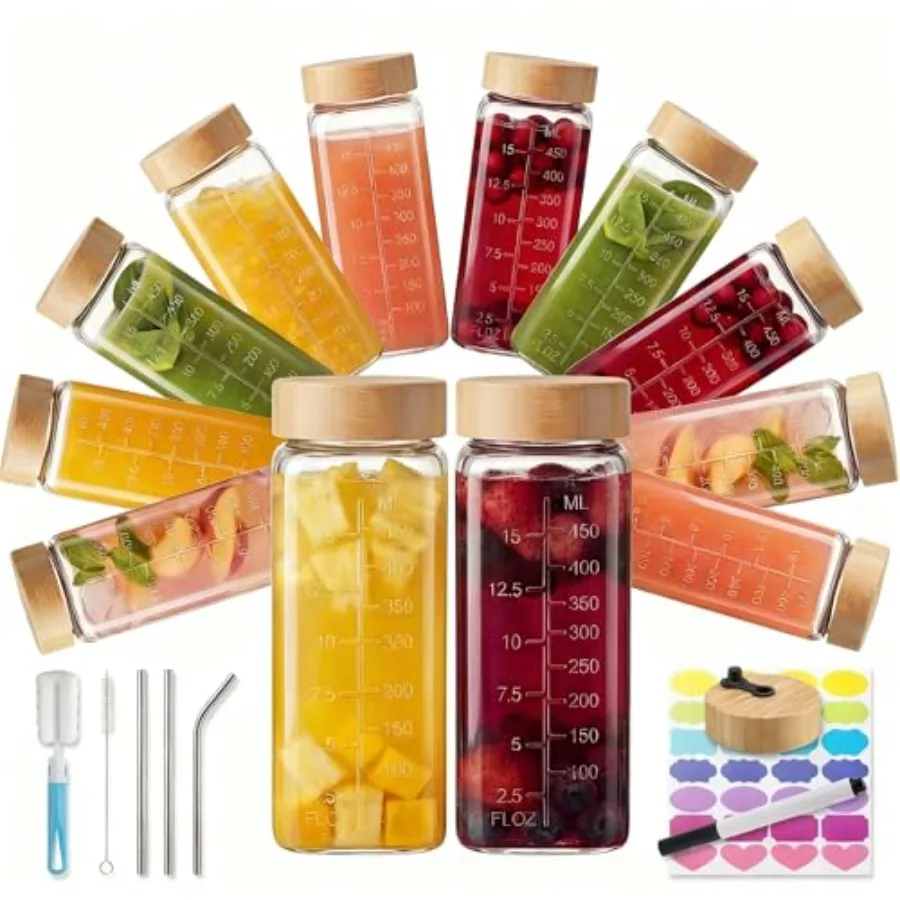 

Квадратные стеклянные бутылки для сока объемом 16 унций с крышками, 12 штук в упаковке, многоразовые контейнеры для сока с бамбуковыми крышками, стеклянные банки для сока с 4 трубочками.