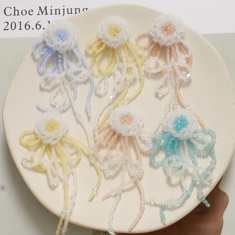 Clog Shoe Charms 1 Pc Premium Summer Vacation Long Crystal Tassel Flower Woven Beaded Clear Jelly Resin Korean Princess Decor