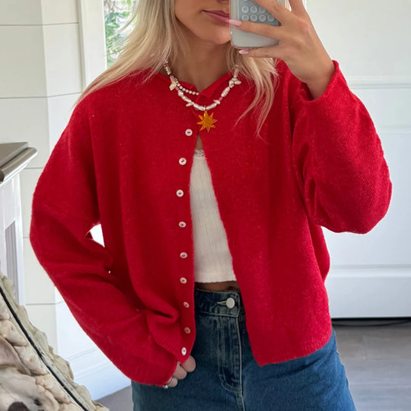 Maemukilabe Cutest Button Front Knitted Sweater Autumn Long Sleeve Cardigan Preppy Vintage Knitwear Coat Y2k Vintage Streetwear