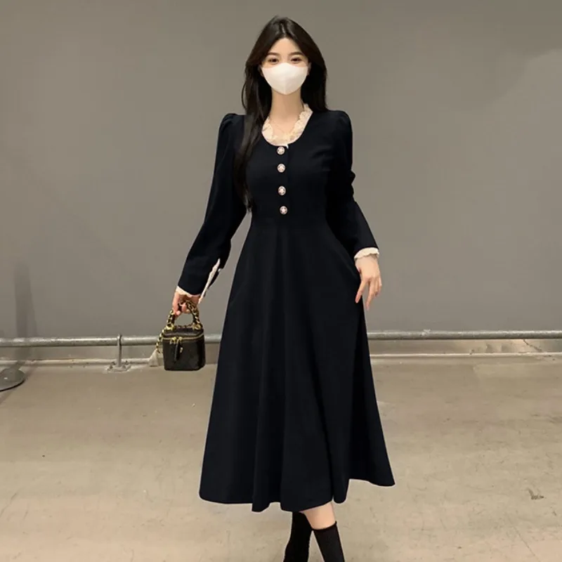 Estilo francês sólido midi vestidos femininos hepburn outono inverno elegante vintage rendas retalhos moda temperamento streetwear chique